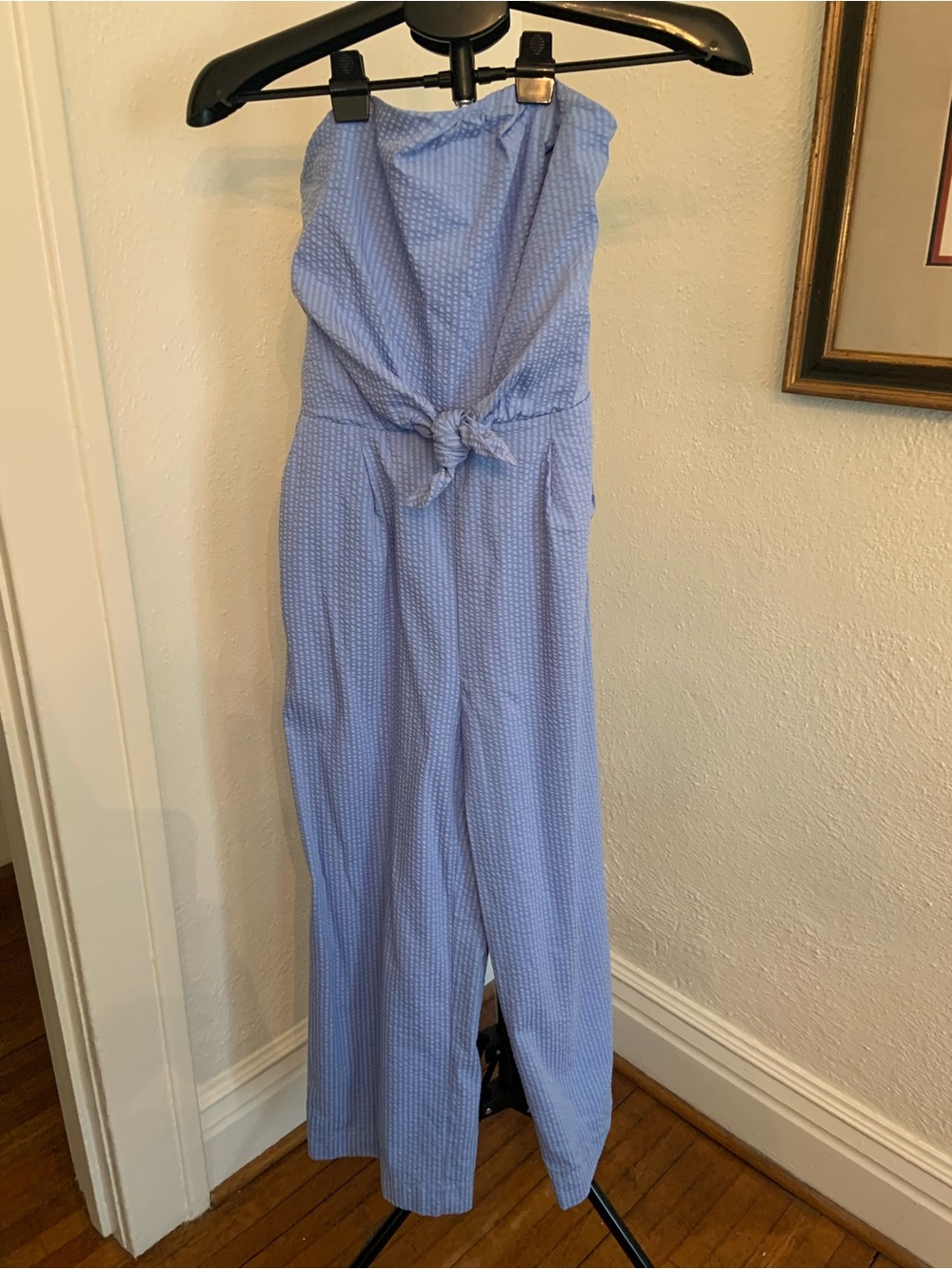 Vineyard Vines Light Blue Strapless Seersucker Jumpsuit with Front Tie